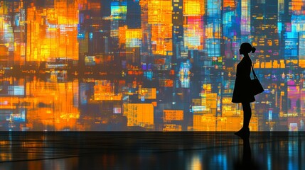 Fototapeta premium Woman's silhouette on abstract urban background: modern minimalist design with bold colors representing urban development and progress conceptual visual 