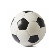Isolated on white, a round black and white leather soccer ball is ready for a fun sport game