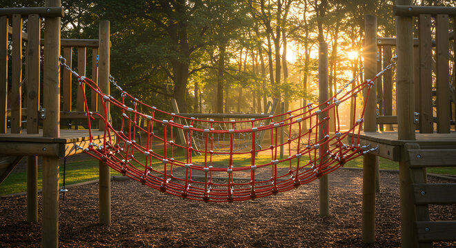 Fototapeta Golden Hour Playground: Red Rope Bridge in Sunlit Forest