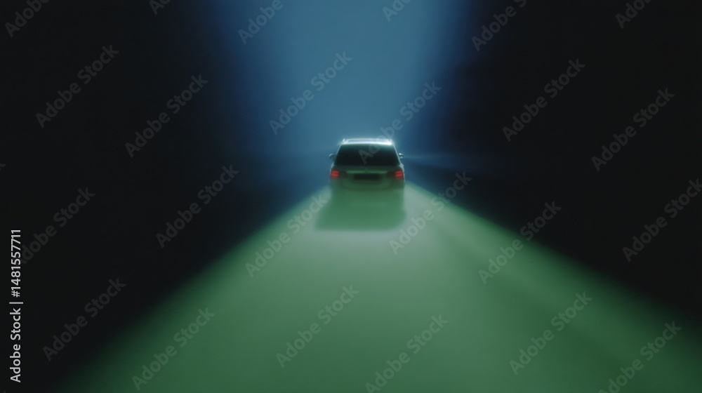 Poster futuristic autonomous vehicle night navigation sleek electric car illuminating smart mobility corrid