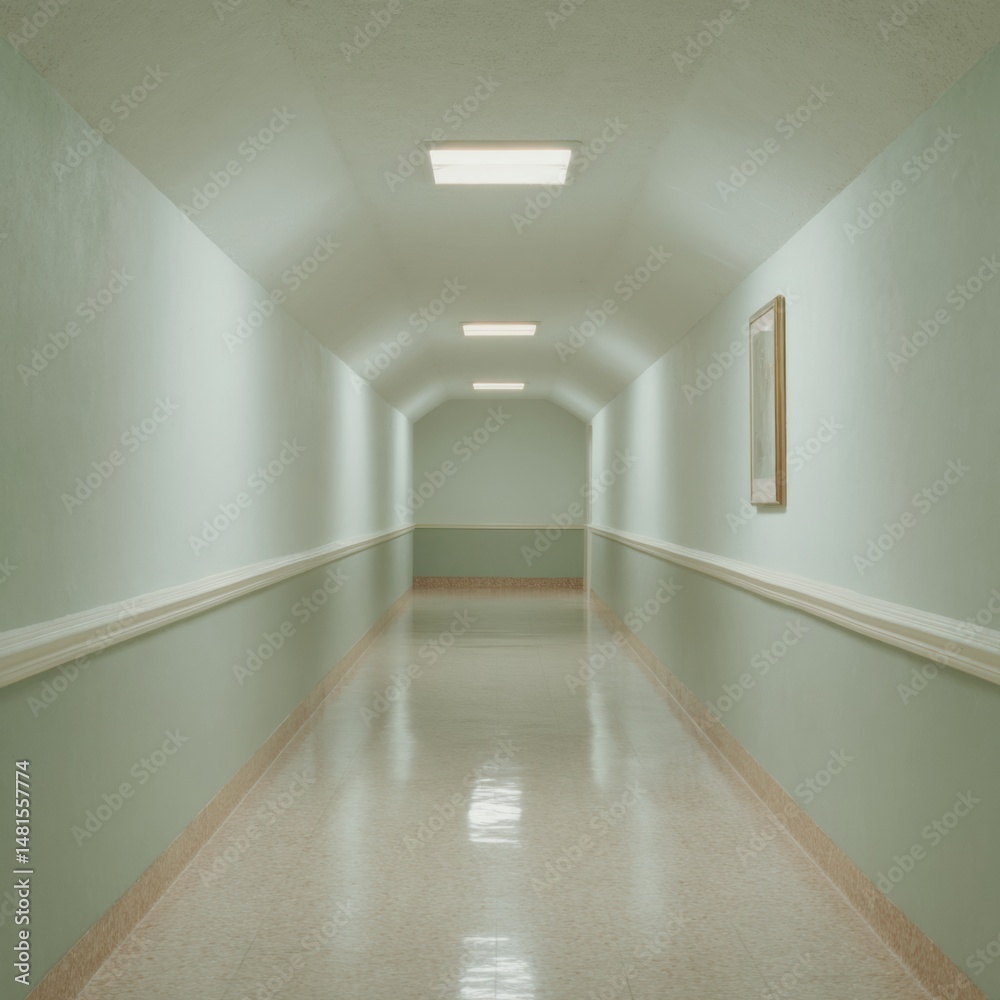 Poster liminal wellness corridor minimalist healthcare design capturing silent institutional spaces with et