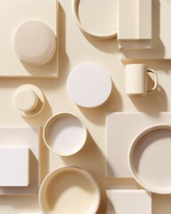 Minimalist Ceramic Design Neutral Tone Geometric Pottery Arrangement Showcasing Soft Contemporary Craftsmanship and Architectural Styling for Modern Lifestyle Branding