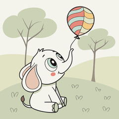 Adorable baby elephant sitting with a balloon, perfect for nursery art, greeting cards, and children's products.