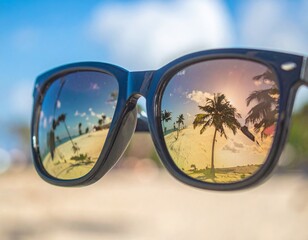 A Close-up of stylish sunglasses with palm trees reflected in the lenses.