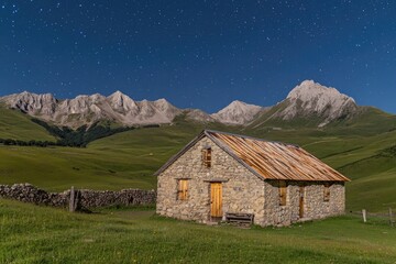 Obraz premium Rustic mountain hut under starry night sky