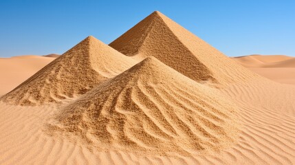 Three Sand Pyramids in a Desert Under a Bright Blue Sky