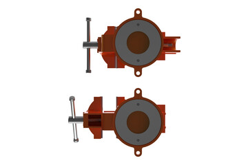 Obraz premium Two orange bench vises, one open and one closed, isolated on white. Represents tools, craftsmanship, repair, and DIY projects. Bright, clean, and detailed illustration.