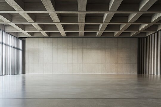 Empty, modern, concrete hall with large windows