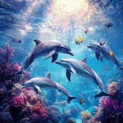 Fototapeta premium Pod of Dolphins Swimming Underwater in Tropical Coral Reef Ecosystem Sunlight and Ocean Water