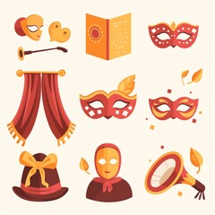 Fototapeta premium Masquerade, Theater, and Festive Celebration A vibrant collection of carnival icons, masks, and stage props.