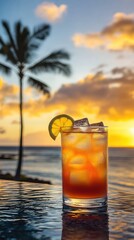 Sunset cocktail on the beach.  A refreshing drink with a vibrant sunset backdrop