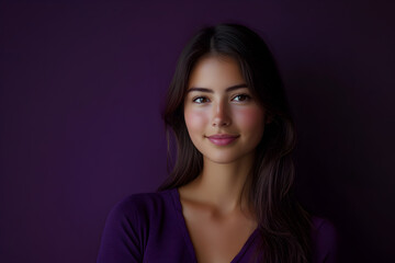 Fototapeta premium Portrait of a Serene Person with Dark Hair Against a Purple Backdrop with Peaceful Expression