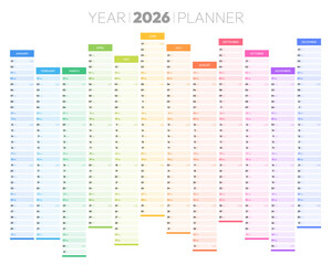 Year 2026 colorful calendar with daily agenda vector illustration. Schedule page journal, stationery calendar, organizer template with twelve months. Wall planner with space for personal notes
