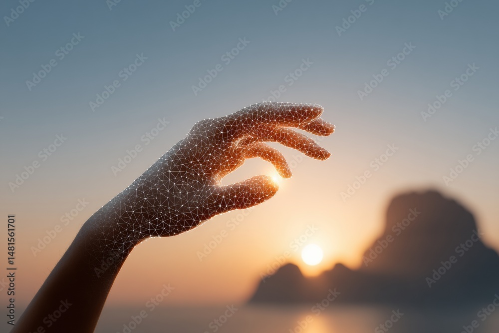 Poster Ethereal Digital Connection Next-Gen AI Visualization of Human Touch with Micro-Network Connectivity, Capturing Technological Intimacy and Innovative Human-Machine Interaction