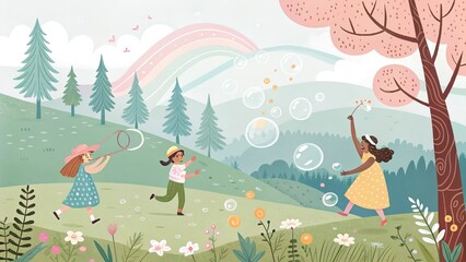Obraz premium Playful creature lounges under rainbow trees, smiling.