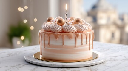 Peach colored drip cake with golden details