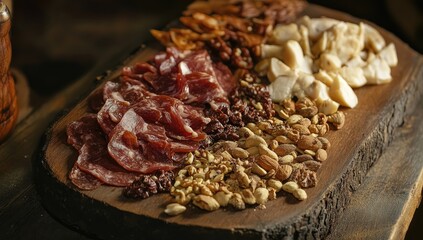 Appetizer platter with cured meats, nuts, and cheeses