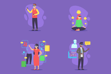 Individuals engaged in various virtual reality activities, including shopping, meditation, and interactive discussions. Versatility of immersive technology concept