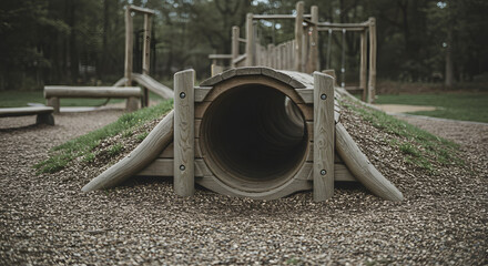 Rustic Wooden Playground Tunnel in Gravel, Natural Setting