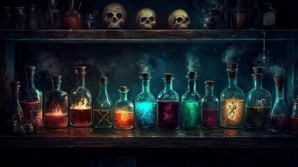 Dark wizard's alchemy lab filled with sinister potions.