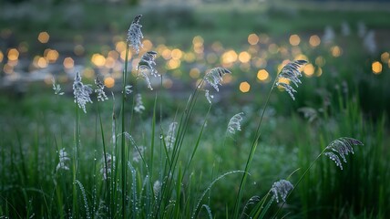 White Flowers in a Green Field at Sunrise