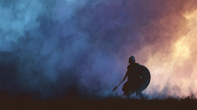 warrior, a masked warrior with a large shield standing on the battlefield, dark sky gradient background with lightning strikes