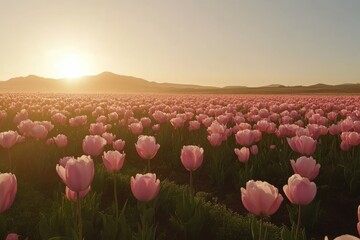 Pink tulip field at sunrise
