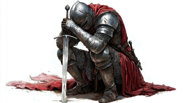 Realistic portrayal of a knight with a sword on a white background.