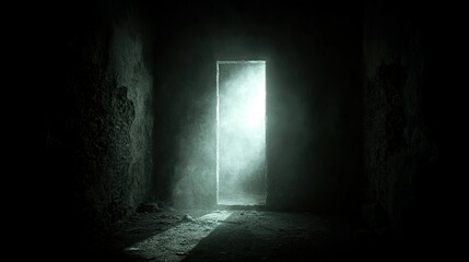 A brightly illuminated doorway provides contrast within a dark cavern