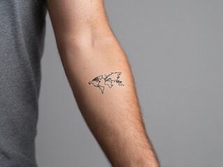 Minimalist world map tattoo on forearm.
