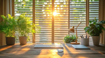 Home office workspace bathed in sunlight