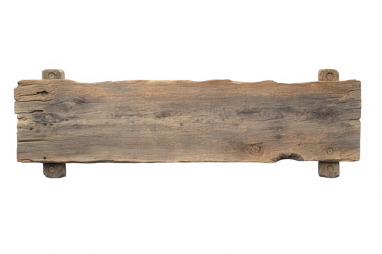Rustic wooden plank with metal supports isolated on transparent background