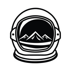 Astronaut helmet illustration featuring mountain landscape symbolizing exploration adventure and outer space travel