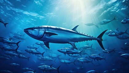 Obraz premium Swarm of Bluefin Tuna in the middle of the blue ocean