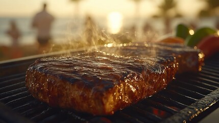 Juicy steak grilling on hot barbecue outdoors