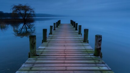 Fototapeta premium Wooden Dock Extending into Foggy Lake