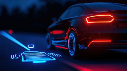 Autonomous Vehicle Navigating Road At Night With Futuristic Technology