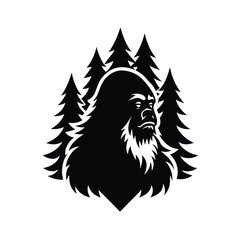 Black and white silhouette illustration of bigfoot in front of evergreen trees for a logo concept