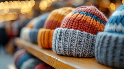 Knitted hats on display