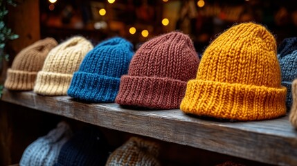 Knitted hats in various colors displayed on wooden shelves