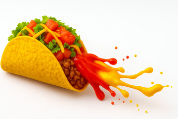 Realistic Taco Shell with Seasoned Meat, Lettuce, Tomatoes, and Exploding Salsa and Cheese Splash on White Background – Dynamic Mexican Food Concept for Ads and Design