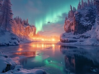 Aurora reflecting softly in a frozen bay surrounded by softly glowing cliffs and snow-draped pines, Generative AI