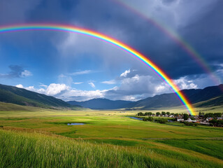 Fototapeta premium Vibrant rainbow arching over lush green valley with mountains in background under partly cloudy sky, creating peaceful and colorful landscape scene
