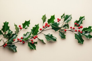 Fototapeta premium Festive holly branch arrangement flat lay on beige background holiday season decoration Christmas botanical style horizontal