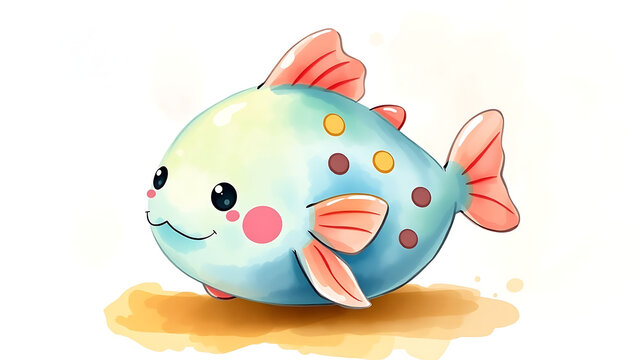 Cute Watercolor Illustration of Adorable Fluffy Kid Cavefish Doll with Soft Watercolor Background