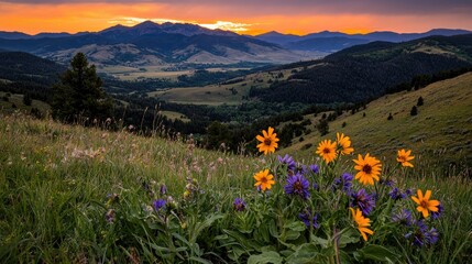 Fototapeta premium Beautiful sunset over mountain range with colorful wildflowers in view
