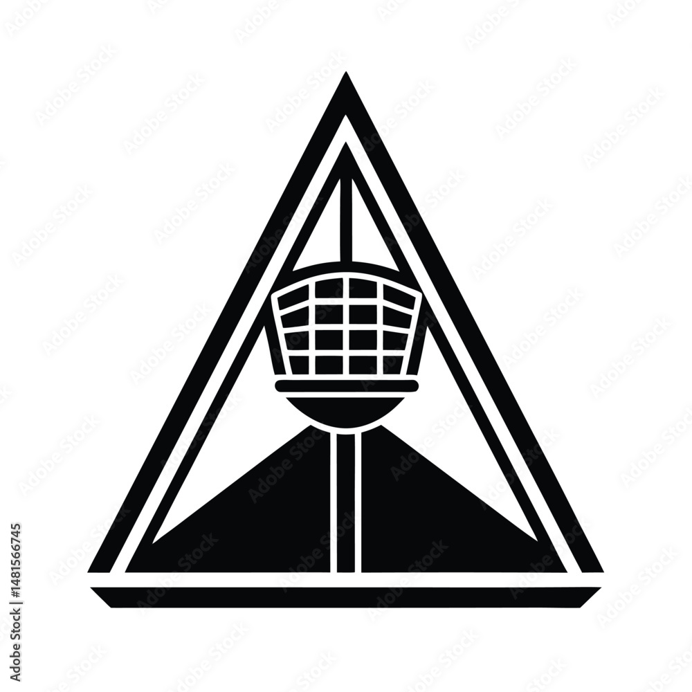 Poster black and white silhouette of an abstract tower structure contained within a triangular frame on whi