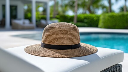 Light brown straw hat by poolside