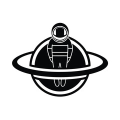 Silhouetted astronaut wearing a spacesuit standing on a black and white planet emblem for space exploration