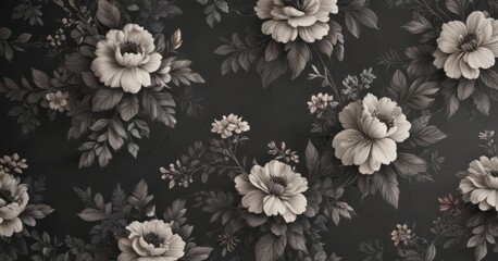 Elegant charcoal floral wallpaper, small scale blooms  Vintage feel, leafy accents , seamless, retro